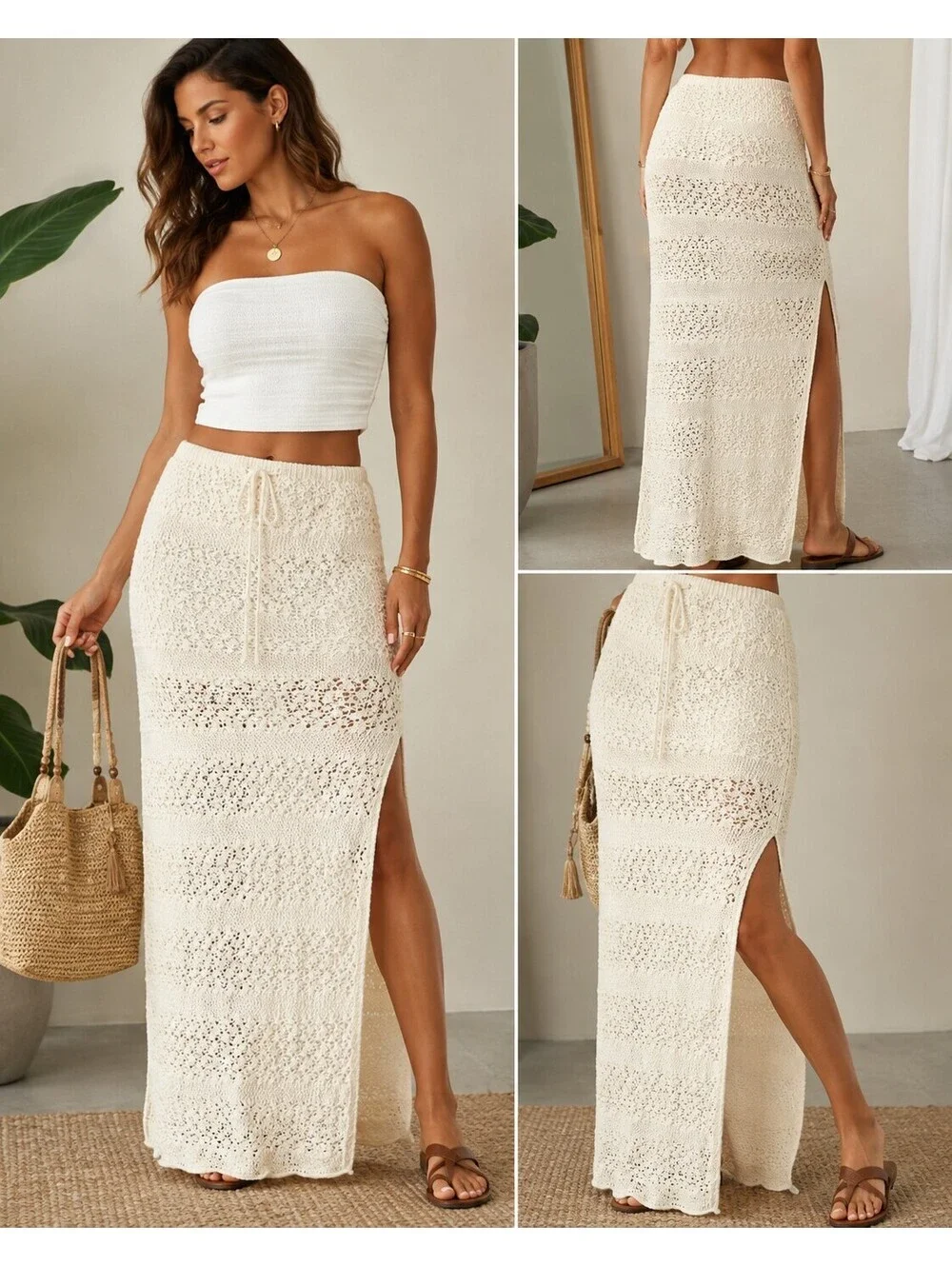 Wild Fable Women’s S Ivory Crochet Knit Maxi Skirt High Slit